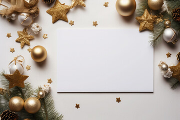 Christmas composition featuring a blank white card surrounded by christmas tree branches, Christmas decorations. Merry Christmas and New Year! Flat lay, top view. Copy space. Mock up