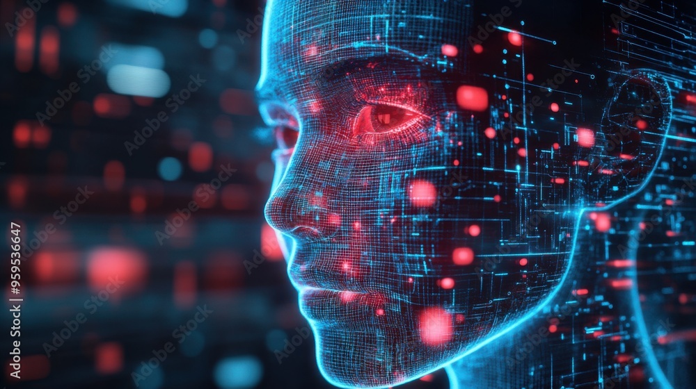 Poster futuristic digital facial mapping for advanced security measures with holographic data background