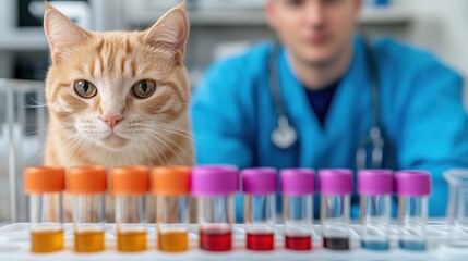 A curious orange cat sits next to colorful test tubes, with a veterinarian blurred in the background. Perfect for illustrating veterinary care and pet health concepts.