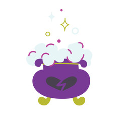 Old cauldron for cooking magical alchemical potions and poisons. Traditional cooking. Love magic. Creepy cartoon cauldron with steam