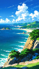 Obraz premium anime clear blue skies above seaside cliffs background art design backdrop