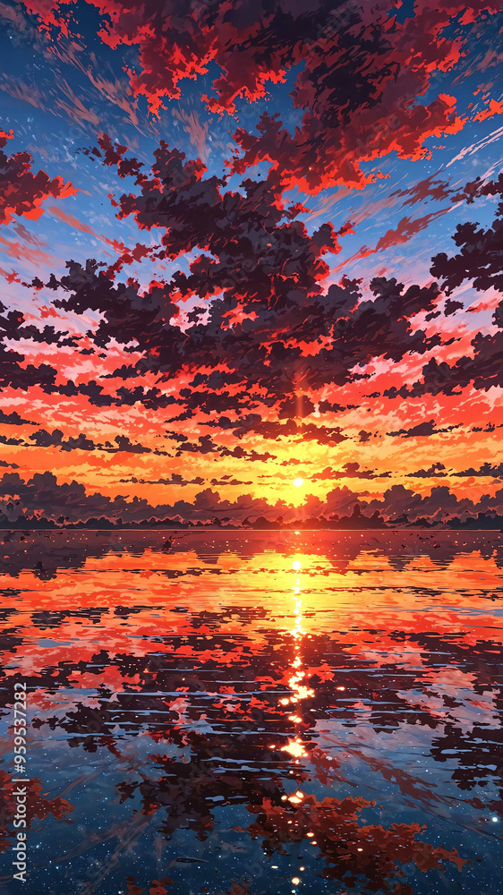 Poster anime crimson sunset reflecting on calm waters background art design backdrop