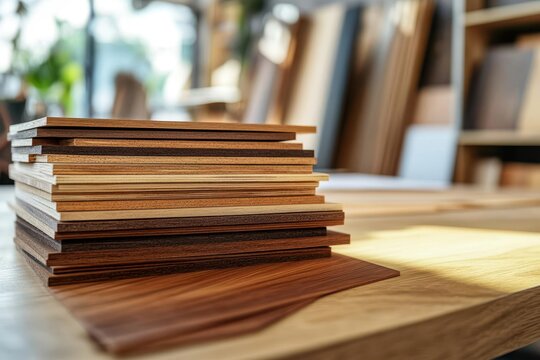 Photorealistic shot of a stack of wood veneer samples on a contemporary office table, highlighting design planning