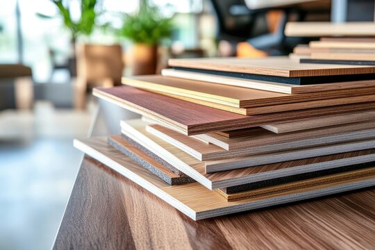 Photorealistic shot of a stack of wood veneer samples on a contemporary office table, highlighting design planning