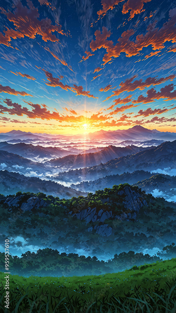 Poster anime golden sun rising behind misty mountains background art design backdrop