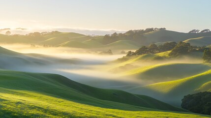 Rolling green hills with mist at sunrise.