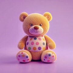 A cute teddy bear with a colorful polka dot pattern sits against a purple background.