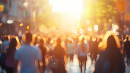 Large Urban Crowd Walking Through Sunlit City Streets During Golden Hour with Soft Bokeh, Capturing the Dynamic Energy, Movement, and Warm Atmosphere of Vibrant Urban Life