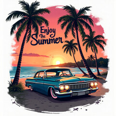 A automobile is parked on a beach near palm trees, surrounded by a lovely sunset, with the phrase "enjoy the summer" 