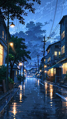 Obraz premium anime light drizzle falling in sleepy harbor town background art design backdrop