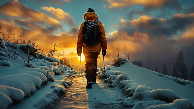 Lone Hiker at Sunset: A solitary figure treks through a snowy mountain landscape, silhouetted against a breathtaking sunset. This image evokes a sense of adventure, resilience, and the pursuit of pers