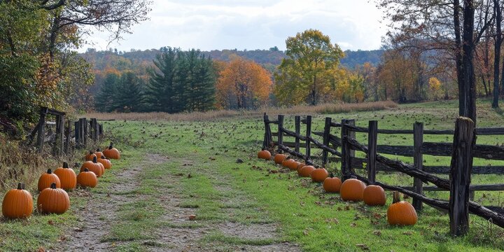 A wooden fence lined with pumpkins
