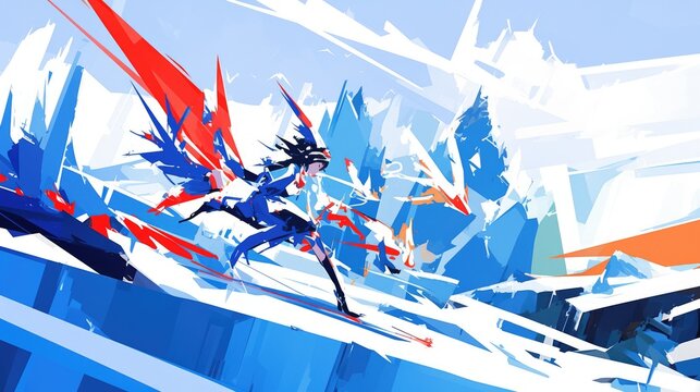 Abstract blue, red, and white landscape with a black-haired woman.