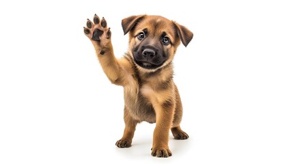 Obraz premium Adorable puppy standing on hind legs, playfully waving front paws, isolated on a white background, showcasing playful and energetic behavior, perfect for pet-related themes and family-friendly content