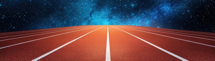 A vibrant running track stretching towards a cosmic sky, symbolizing speed, ambition, and limitless potential.