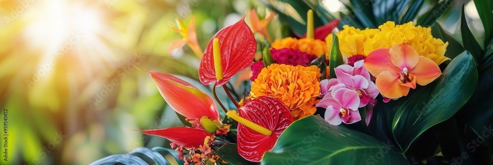 Poster a colorful display of tropical flowers, including orchids and birds of paradise, brightens up the sp