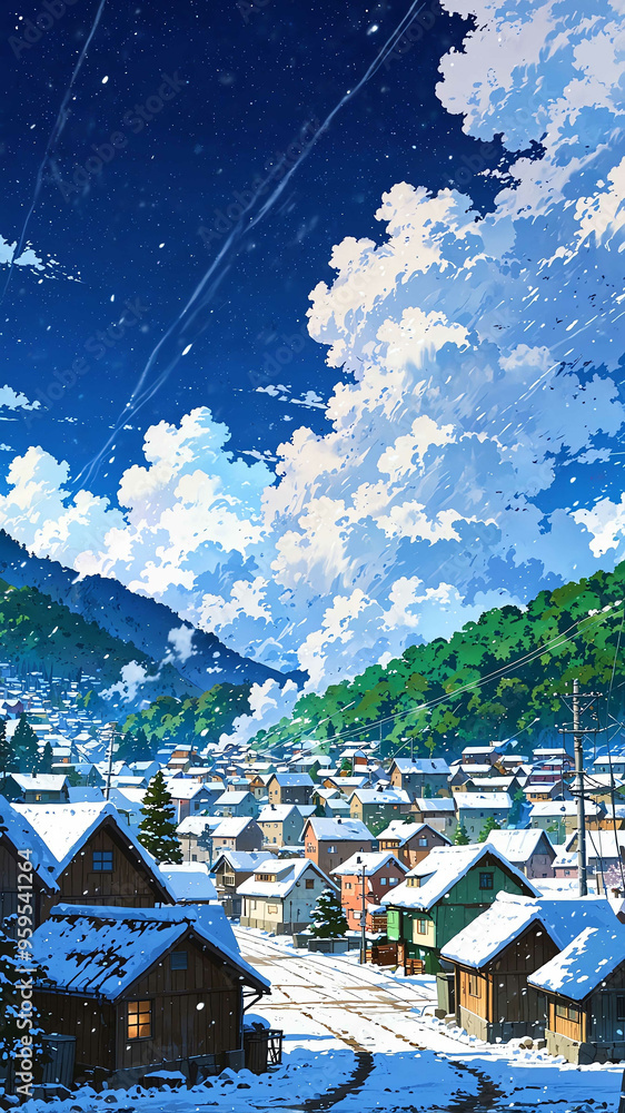 Sticker anime snowstorm sweeping through mountain forest town background art design backdrop