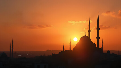Naklejka premium The silhouette of the mosque against the sunset A banner for Islamic holidays with copy spase