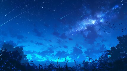 Blue night starry sky. Bright star to fall meteorite. astronomy illustration