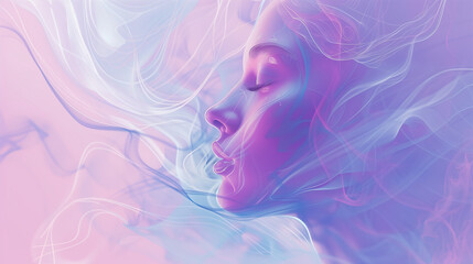 Tranquil pastel portrait of a woman blending into flowing abstract elements.
