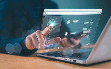 Chatbot artificial intelligent concept, digital customer service application. Man use computer mobile application with artificial intelligence, chat bot assistant online conversion to help business