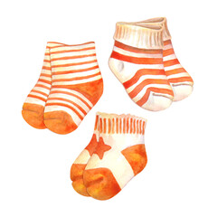 Baby striped socks. Watercolor pairs of infant sox in white-orange colors. Isolated clipart suitable for textiles, scrap or wrapping paper, wallpaper, children party invitations, cards or decorations