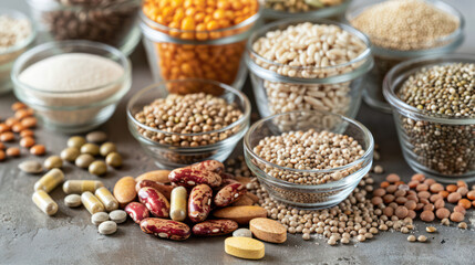 Fototapeta premium Healthy grains, legumes, and supplements arranged in glass jars and bowls, showcasing variety of colors and textures.