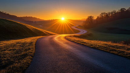 Fototapeta premium Golden Hour Road: Winding Road Through Rolling Hills Bathed In The Warm Glow Of A Sunrise.