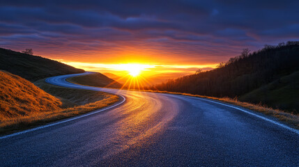 Winding Road Through Scenic Mountains At Sunrise. Golden Light Illuminates The Path Ahead.