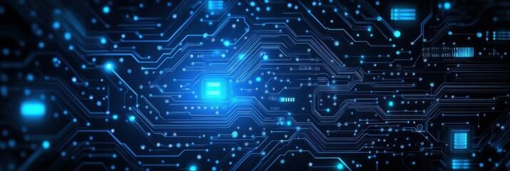 Blue Circuit Board Background Vector Illustration with Digital Technology and Information Network Concept on a Dark Blue Background. Ideal Technology-Themed Background for Web Banner Design.