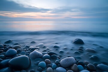 Calm shoreline at dawn with smooth pebbles and gentle waves along the coast. Generative AI