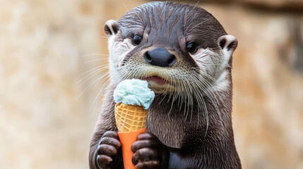 Cute otter enjoying a refreshing ice cream cone on a hot day.