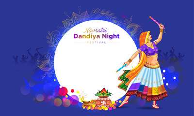 Naklejka premium Indian festival background Navratri Dandiya night template design. Dandiya dancer with Durga Puja kalash Vector illustration.