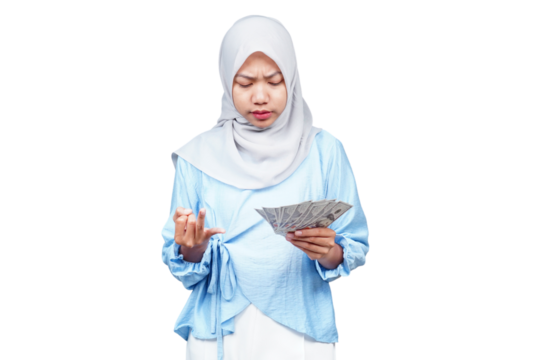 Unhappy hijab asian woman counting money isolated transparent