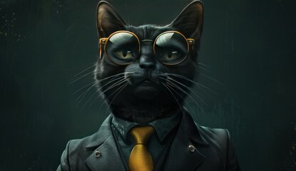 Obraz premium A Black Cat in a Suit and Sunglasses