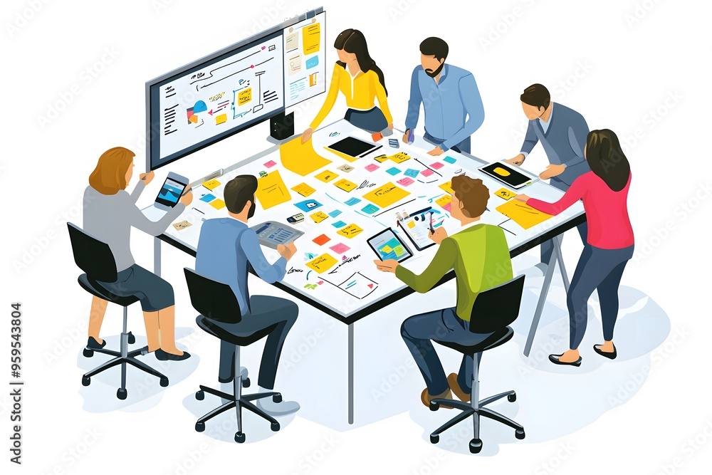 Poster collaborative brainstorming session with sticky notes and whiteboard