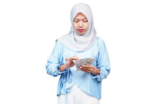 Unhappy hijab asian woman counting money isolated transparent