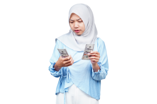 Unhappy hijab asian woman counting money isolated transparent