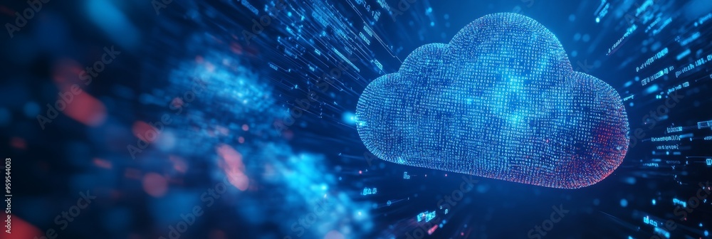 Poster a vibrant digital cloud icon is depicted, surrounded by streams of binary code and abstract data tra