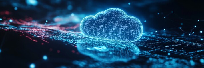 A digital cloud icon displays a bright glow amidst floating binary code and abstract data streams, showcasing a modern interpretation of cloud computing and data transmission
