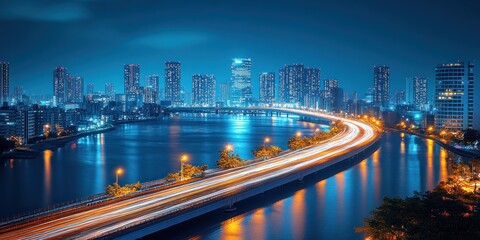 Fototapeta premium Nighttime Cityscape with Bridge and Light Trails