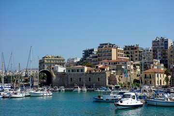 Turquoise waters wash up on the shores of Heraklion, capital of the island of Crete