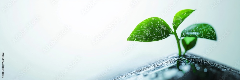 Poster a small, vibrant green plant grows with unique circuit-like patterns on its leaves, illustrating the