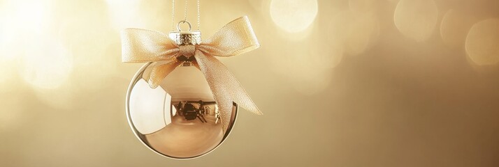 A shiny gold Christmas ornament adorned with a delicate ribbon and bow, suspended beautifully against a warm, glowing background, perfect for the holiday season