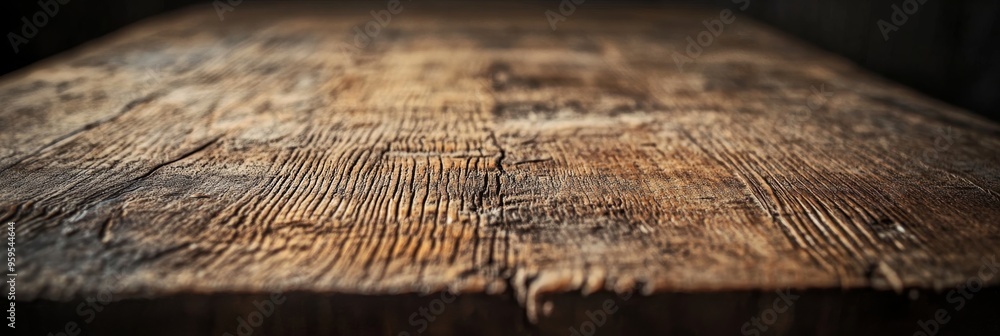 Poster the closeup showcases the rich texture and grain of a weathered wooden table, highlighting its rusti