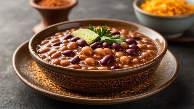 mexican bread and sides dish frijoles refritos isolated on an aesthetic plating, concept for advertisement background