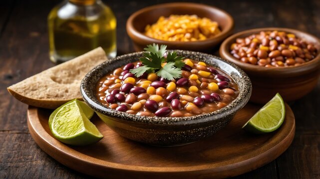 mexican bread and sides dish frijoles refritos isolated on an aesthetic plating, concept for advertisement background