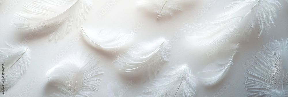 Poster soft white feathers lie scattered on a light background, highlighting their delicate texture and gra