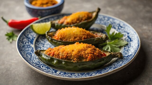 mexican appetizers dish chiles rellenos isolated on an aesthetic plating, concept for advertisement background