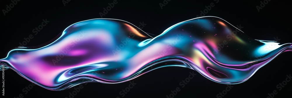 Wall mural A vibrant holographic liquid blob hovers against a black background, its iridescent colors transforming dynamically, creating a dazzling visual effect full of shimmer